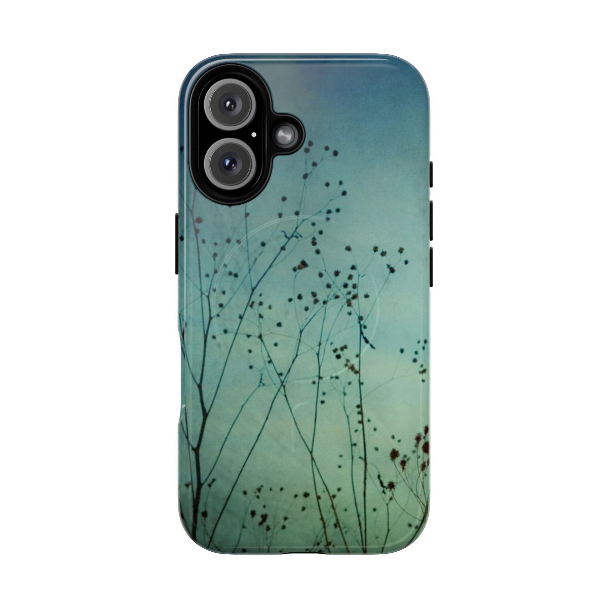 A close-up of a textured, nature-inspired phone case with a contemporary, minimalist design.