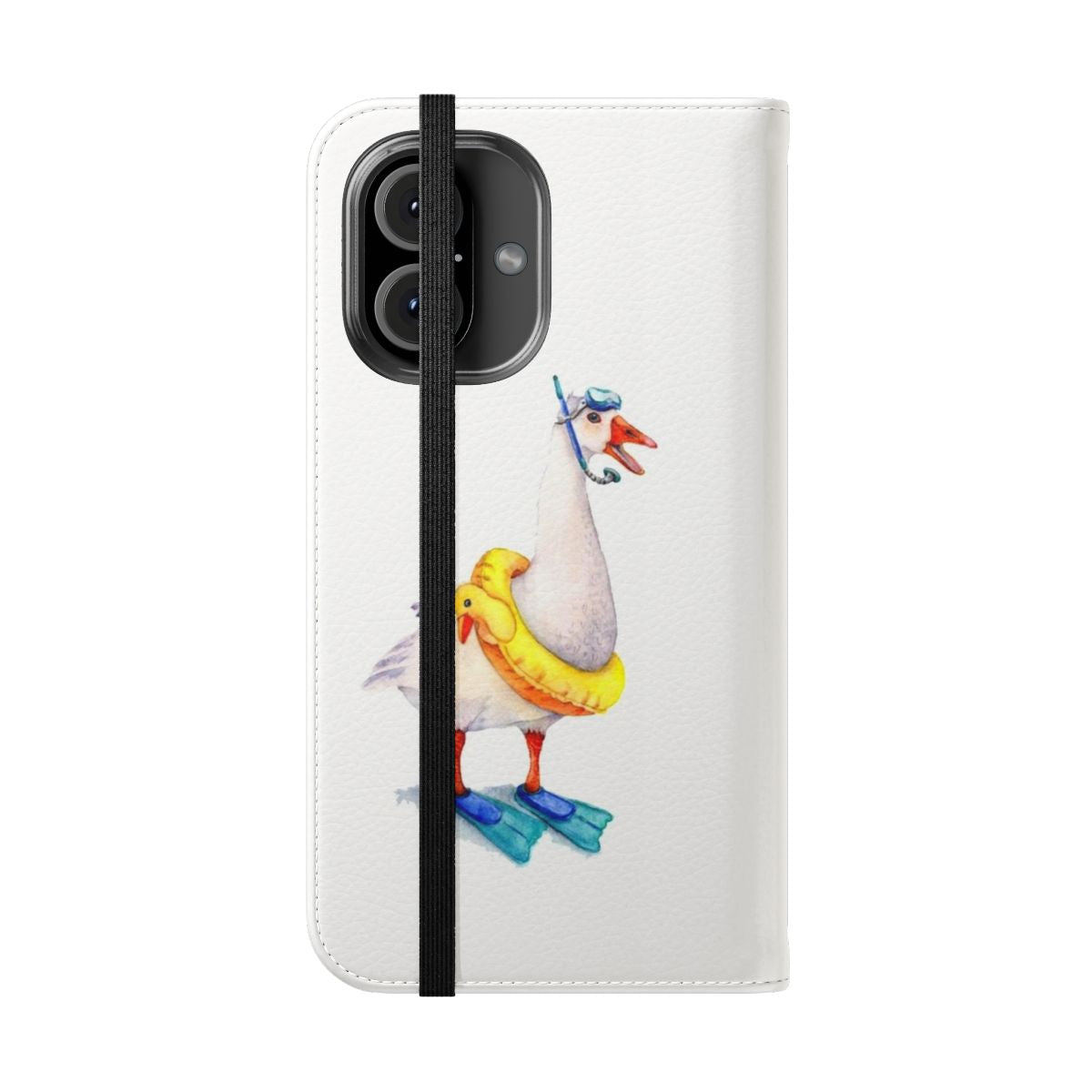 Snorkeling goose phone case with a playful, whimsical design - Folded Front