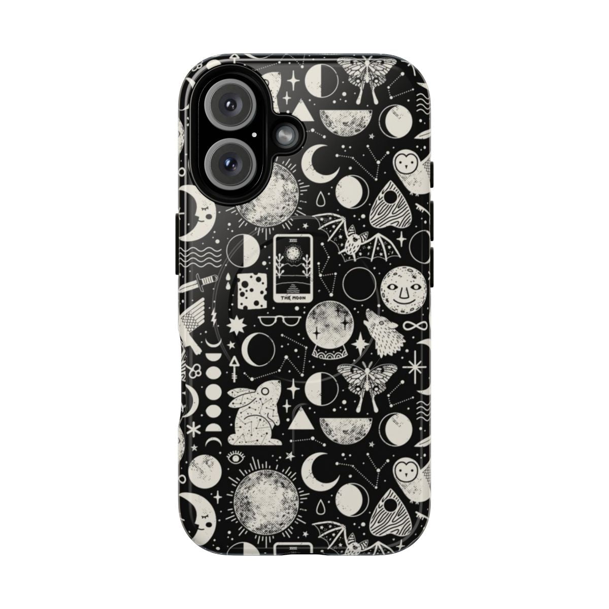 Lunar pattern phone case with eclipse, celestial, and mystic design elements.