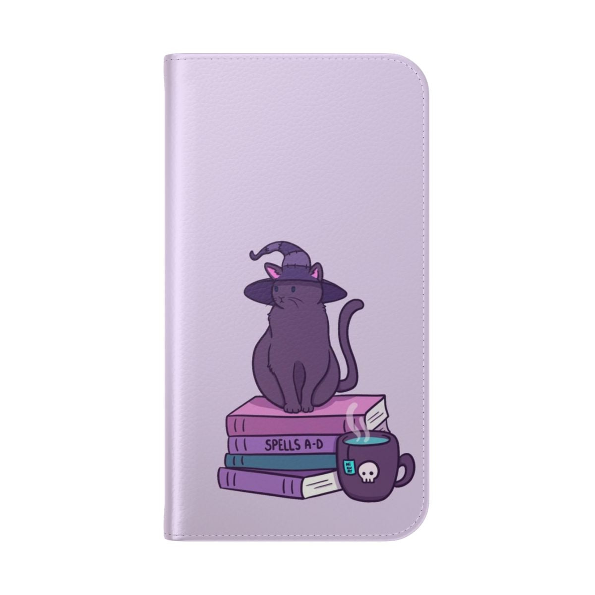 Pastel purple flip phone case with cat and witchy design - Folded Back