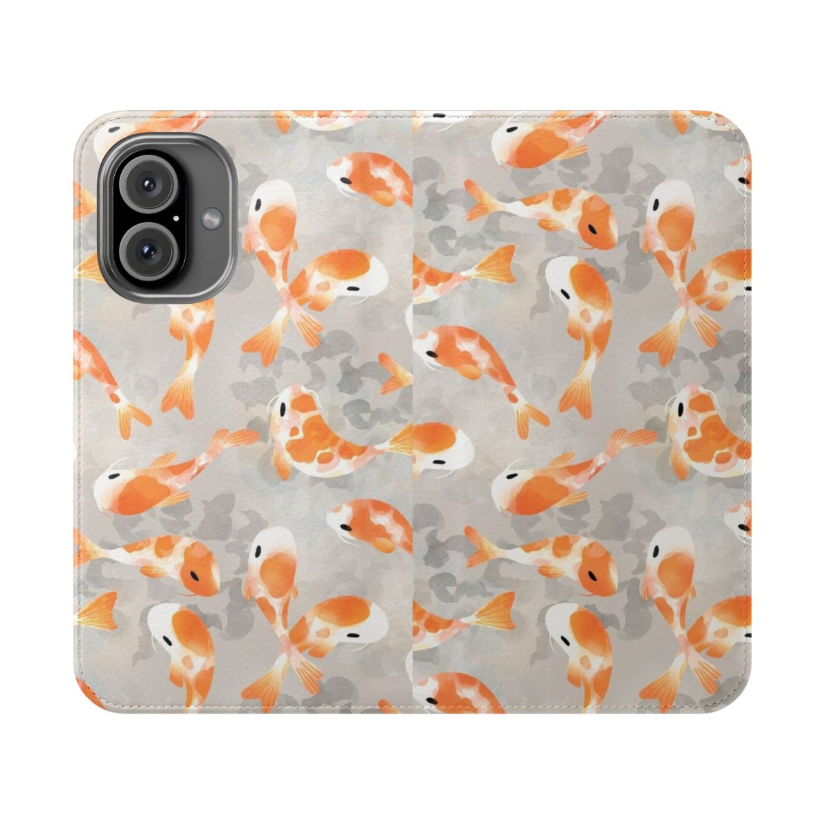 Closeup of a vibrant watercolor painting of orange and grey koi fish on a phone case.