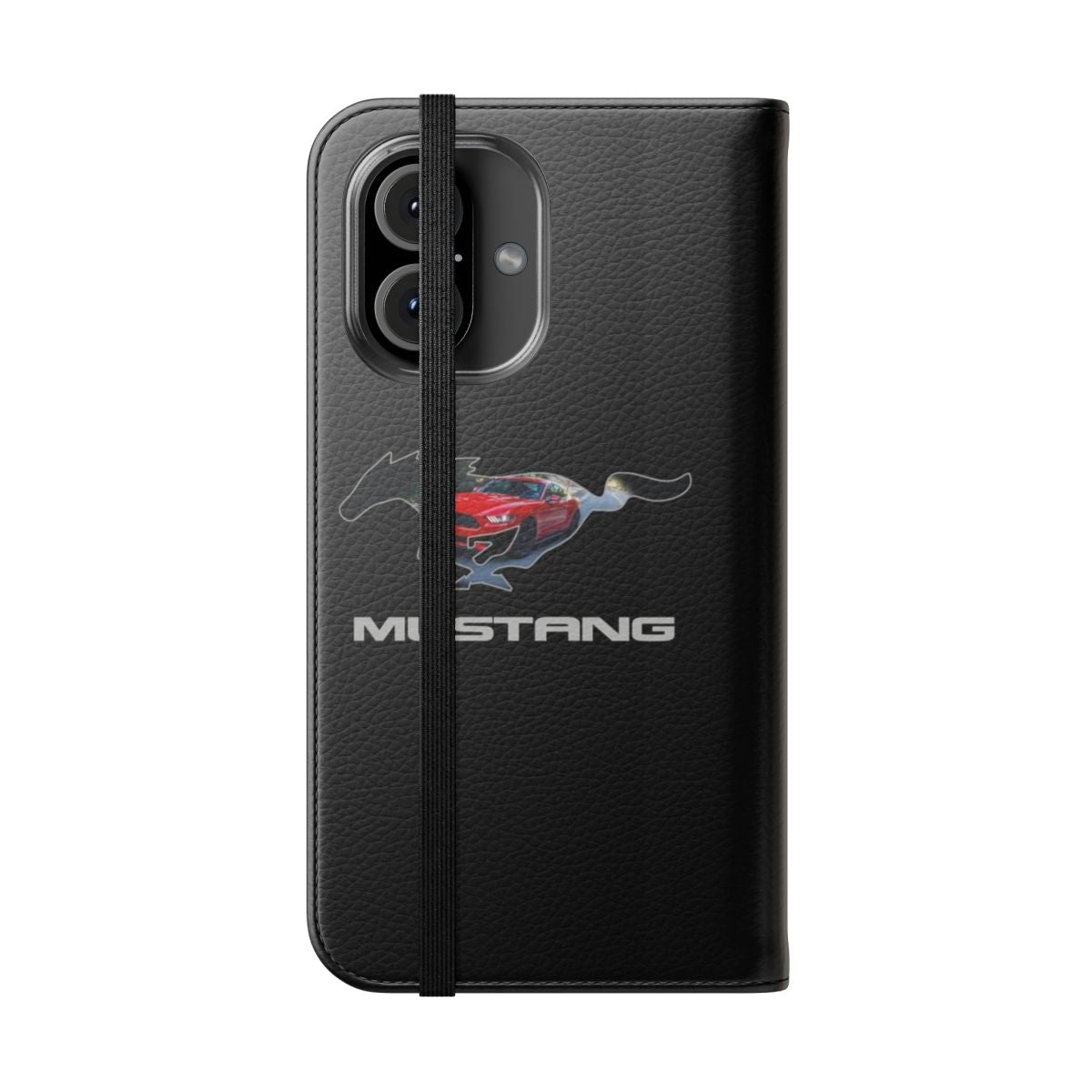 Flip cover phone case featuring a red Ford Mustang logo design against a black background. - Folded Front