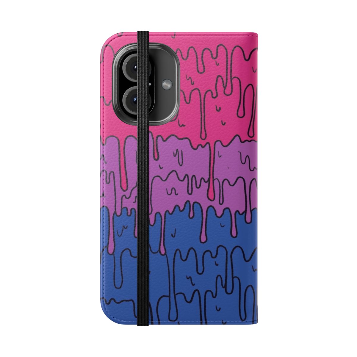 A stylish and colorful phone case featuring a melting, pastel-colored, kawaii design with bisexual pride elements. - Folded Front