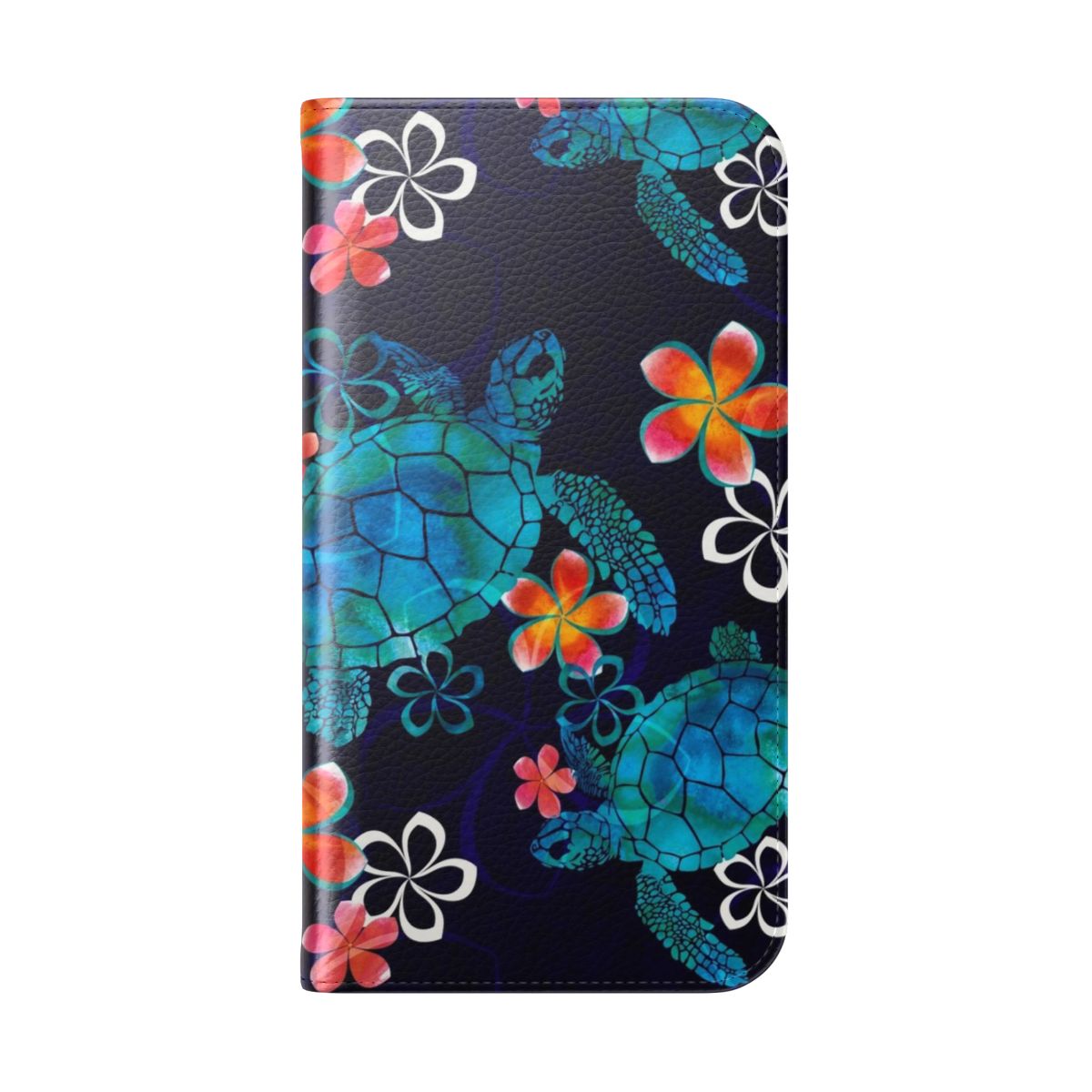 Vibrant watercolor illustration of a sea turtle surrounded by tropical flowers on a phone case - Folded Back