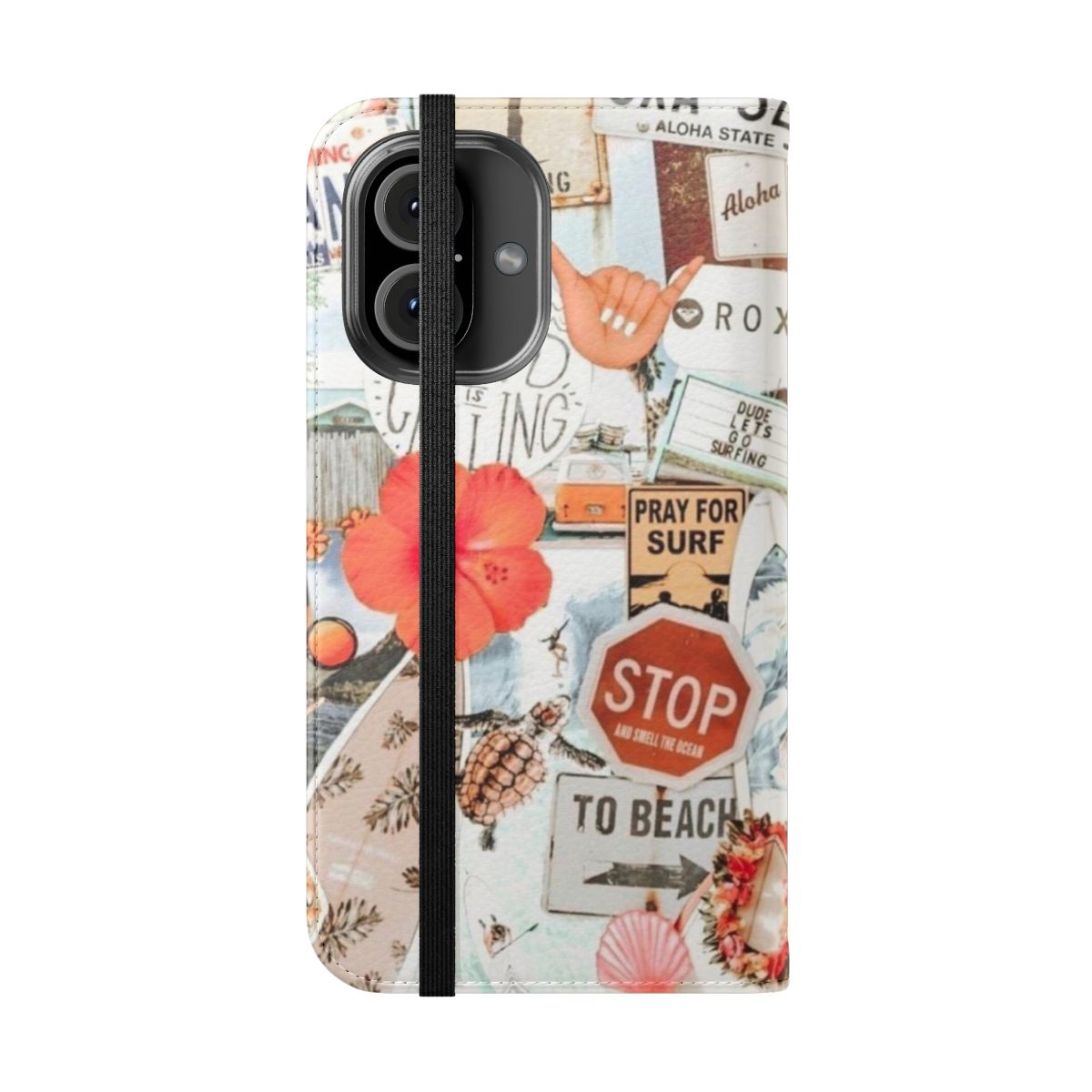 Colorful beach-inspired phone case with collage design - Folded Front