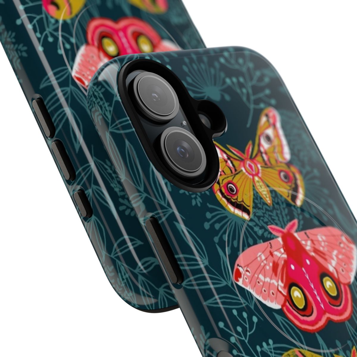 Artistic phone case featuring a vibrant moth and butterfly design against a nature-themed background. - Detail