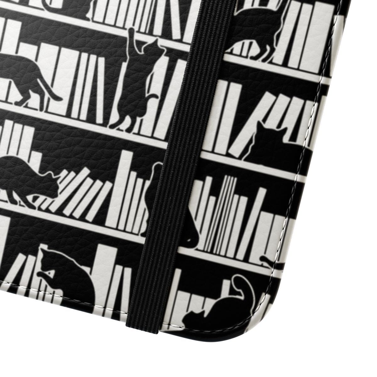 Bookish phone case with a pattern design featuring books and cats - Close Up