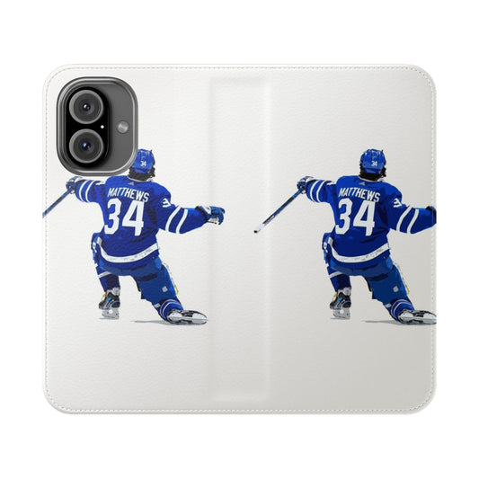 Stylized flip cover phone case featuring Auston Matthews, star player of the Toronto Maple Leafs NHL team.