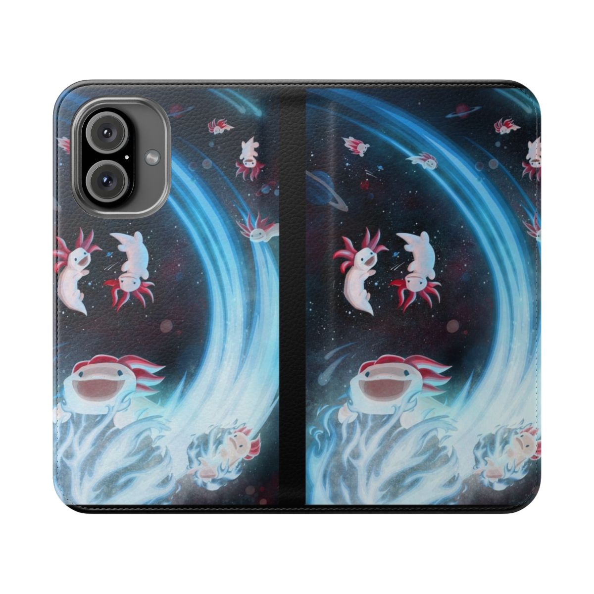 Whimsical phone case featuring an axolotl in an outer space, galaxy-themed design