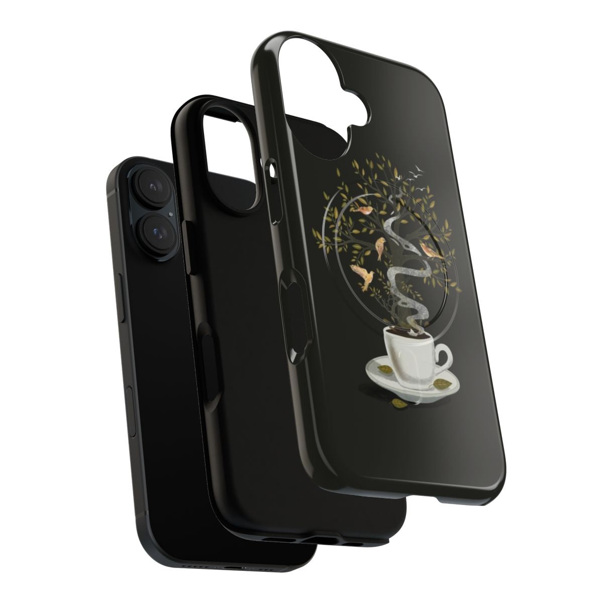 Surreal phone case with nature imagery of birds, trees, and a cup of coffee or tea - Layers