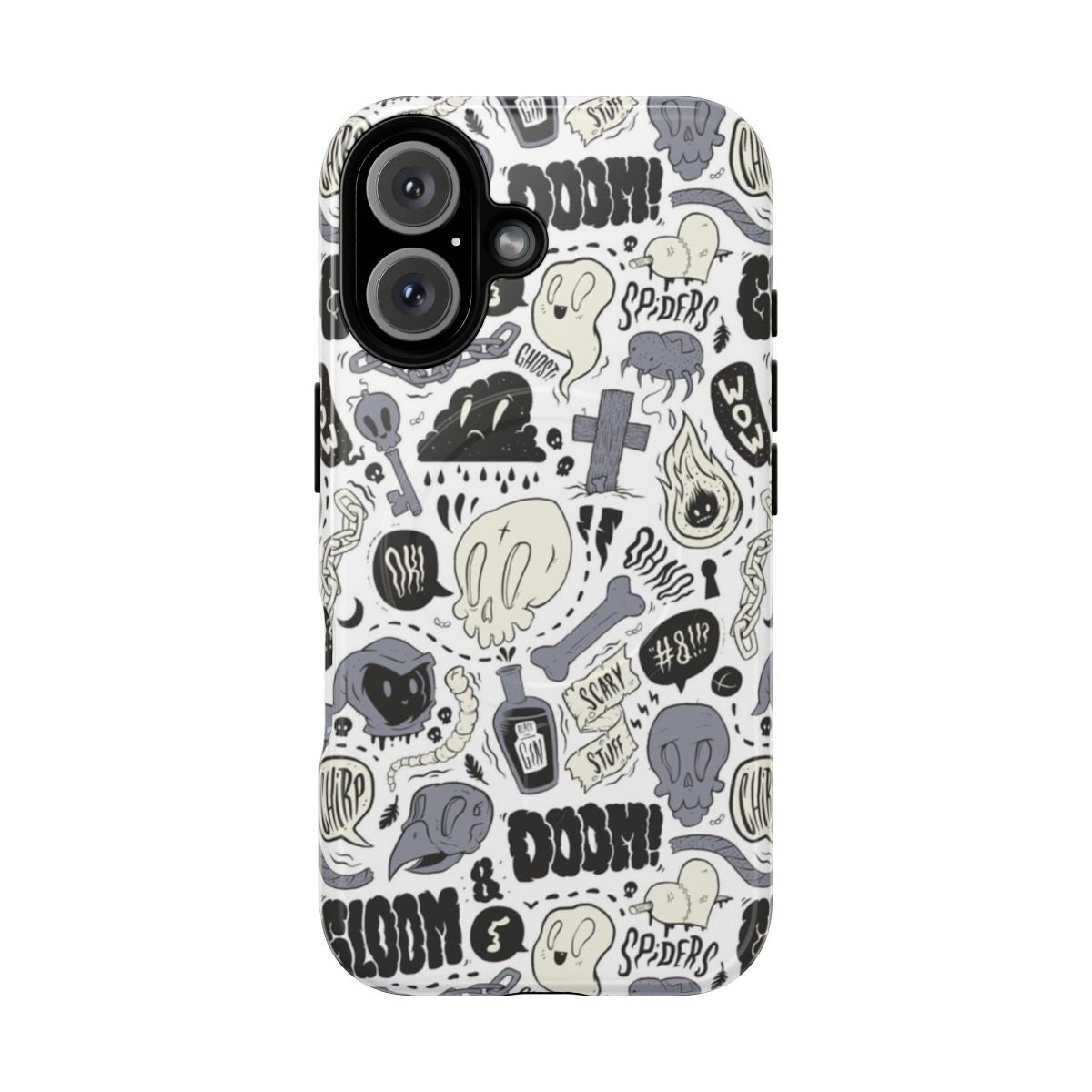 Alternative phone cases with a Doom & Gloom inspired design featuring a scary, yet cute pattern and typography