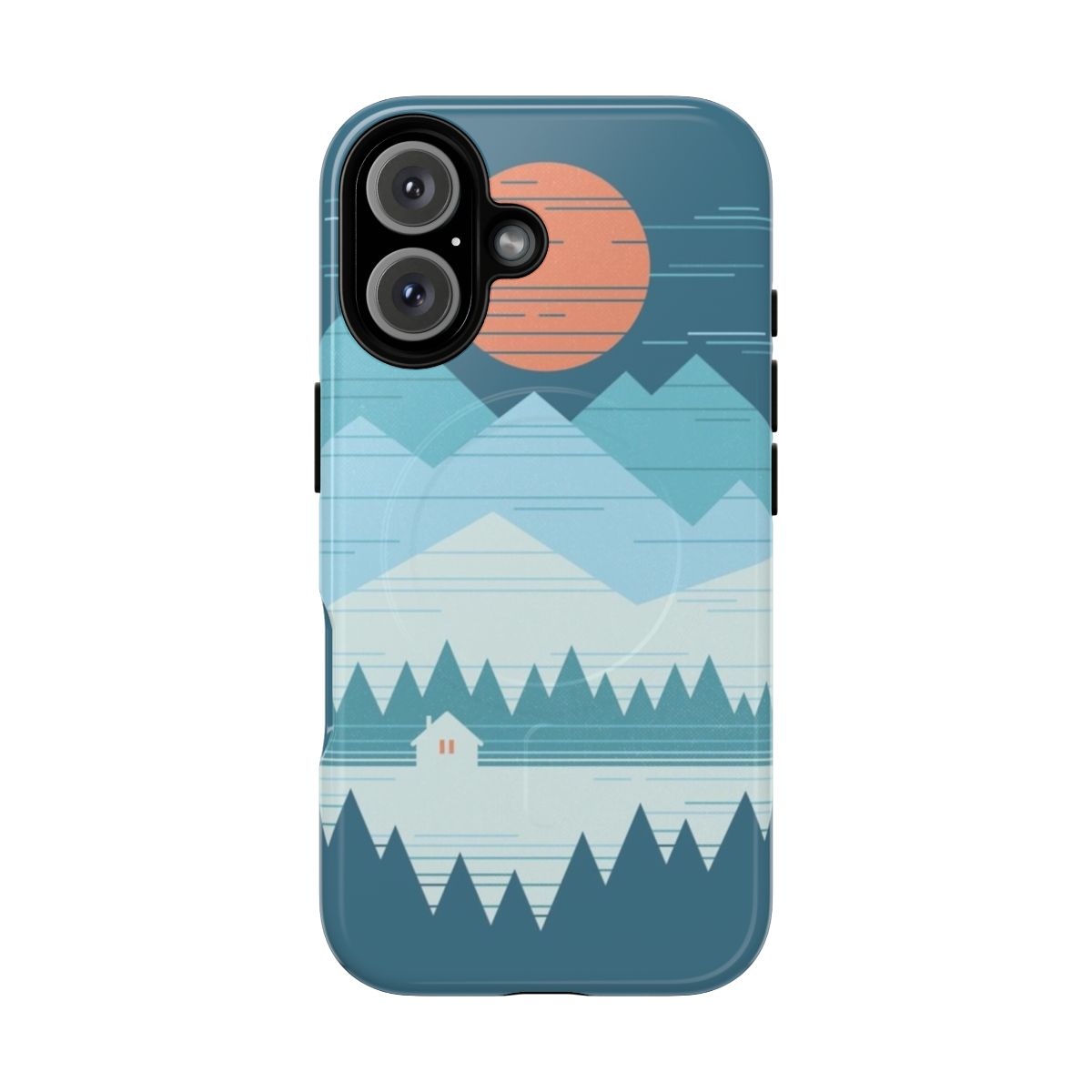 Snowy winter cabin phone case with pastel colors and mountain graphics