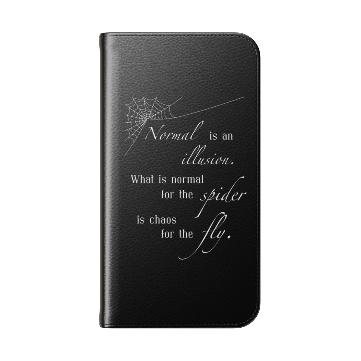 Morticia Addams inspired flip cover phone case with gothic horror artwork and spider web design - Folded Back