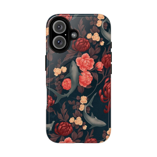 Colorful botanical-inspired shark design on a magnetic tough phone case