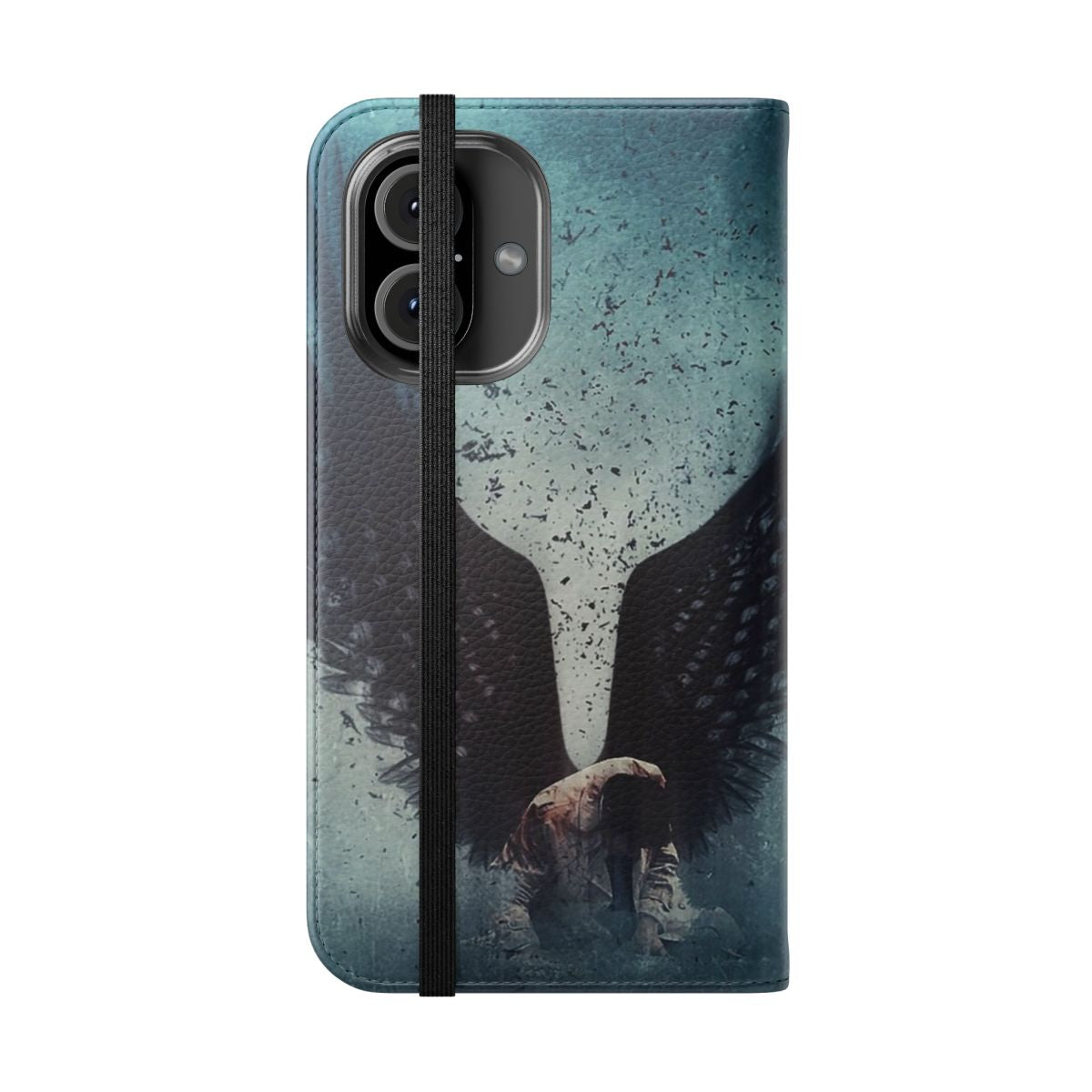 Supernatural-inspired flip phone case with dark angel wings design - Folded Front