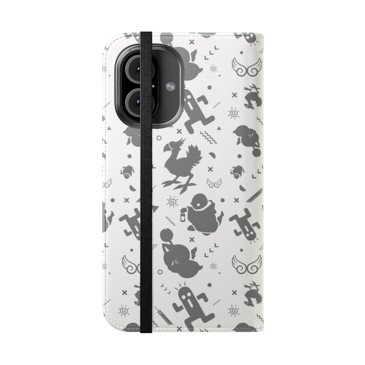 Vintage-inspired Final Fantasy-themed flip cover phone case with iconic characters and patterns. - Folded Front