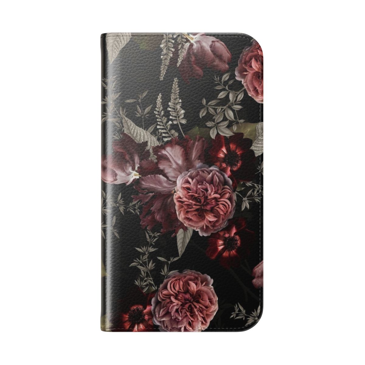 Vintage midnight botanical floral pattern phone case featuring roses and tulips in a lush garden design - Folded Back