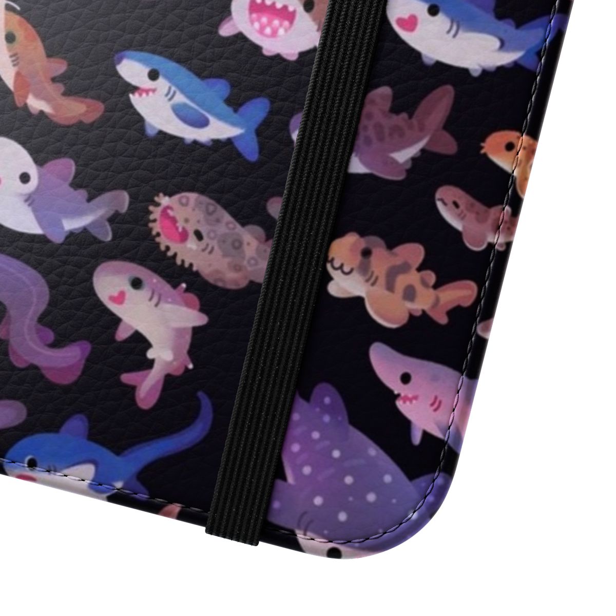 Colorful phone case featuring various shark species, including whale sharks, great white sharks, and more. - Close Up