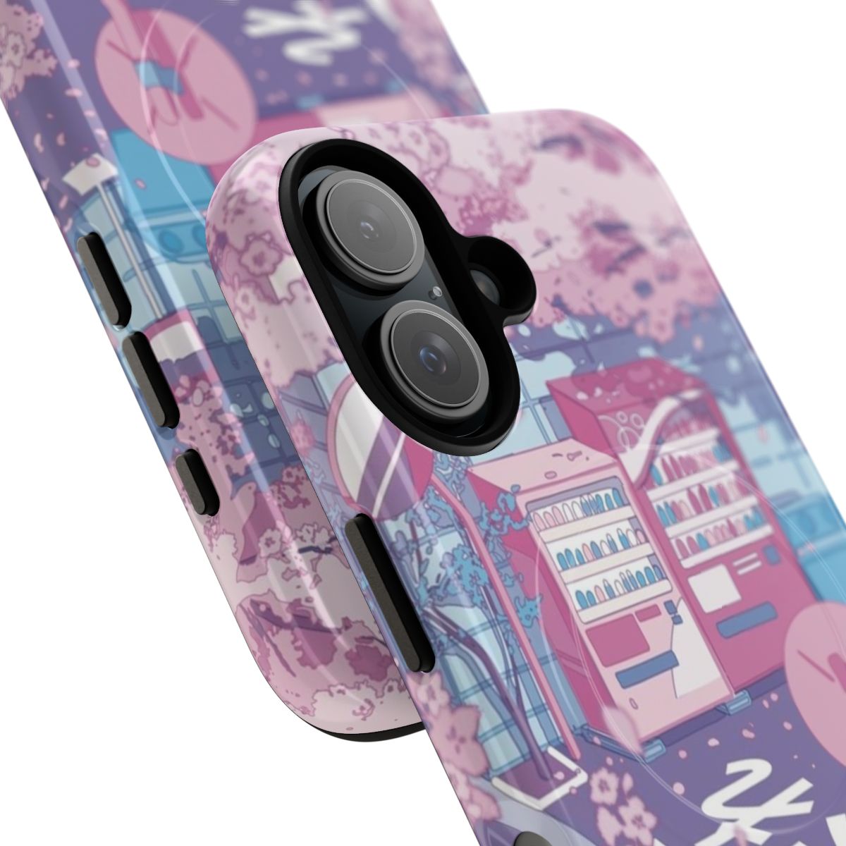 A pastel-colored phone case featuring a beautiful Japanese street scene with a pink sakura tree in bloom. - Detail