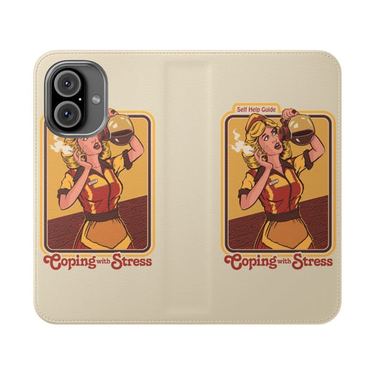 Vintage-style flip phone case with a humorous design for stress relief and caffeine-fueled Mondays