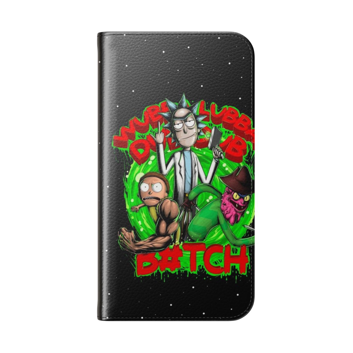 A flip cover phone case featuring characters from the popular adult cartoon series Rick and Morty, including Rick Sanchez, Morty Smith, and the character Terry. - Folded Back