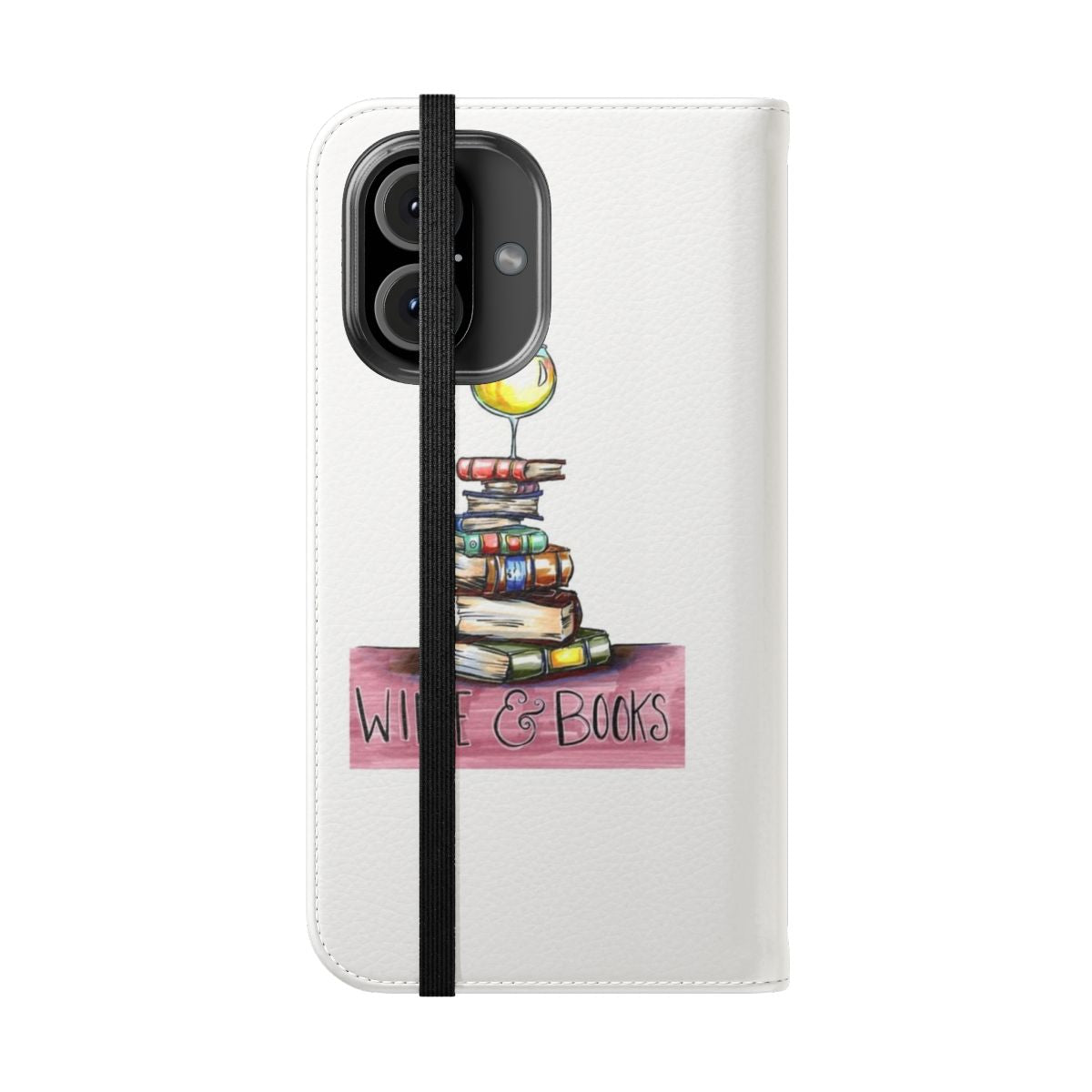 Flip cover phone case with a wine and books design for book and wine lovers - Folded Front