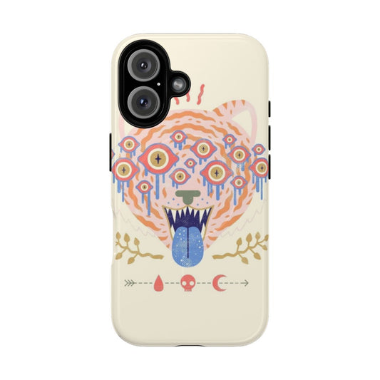 A magnetic tough phone case featuring a psychedelic tiger with pastel eyes design.