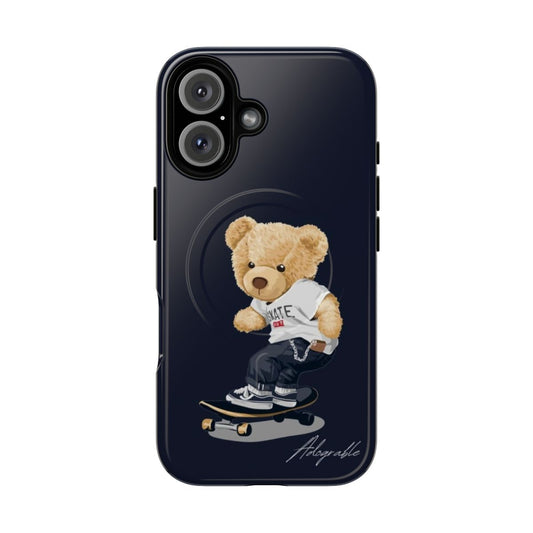 Cute skateboarding bear design on a durable magnetic phone case.