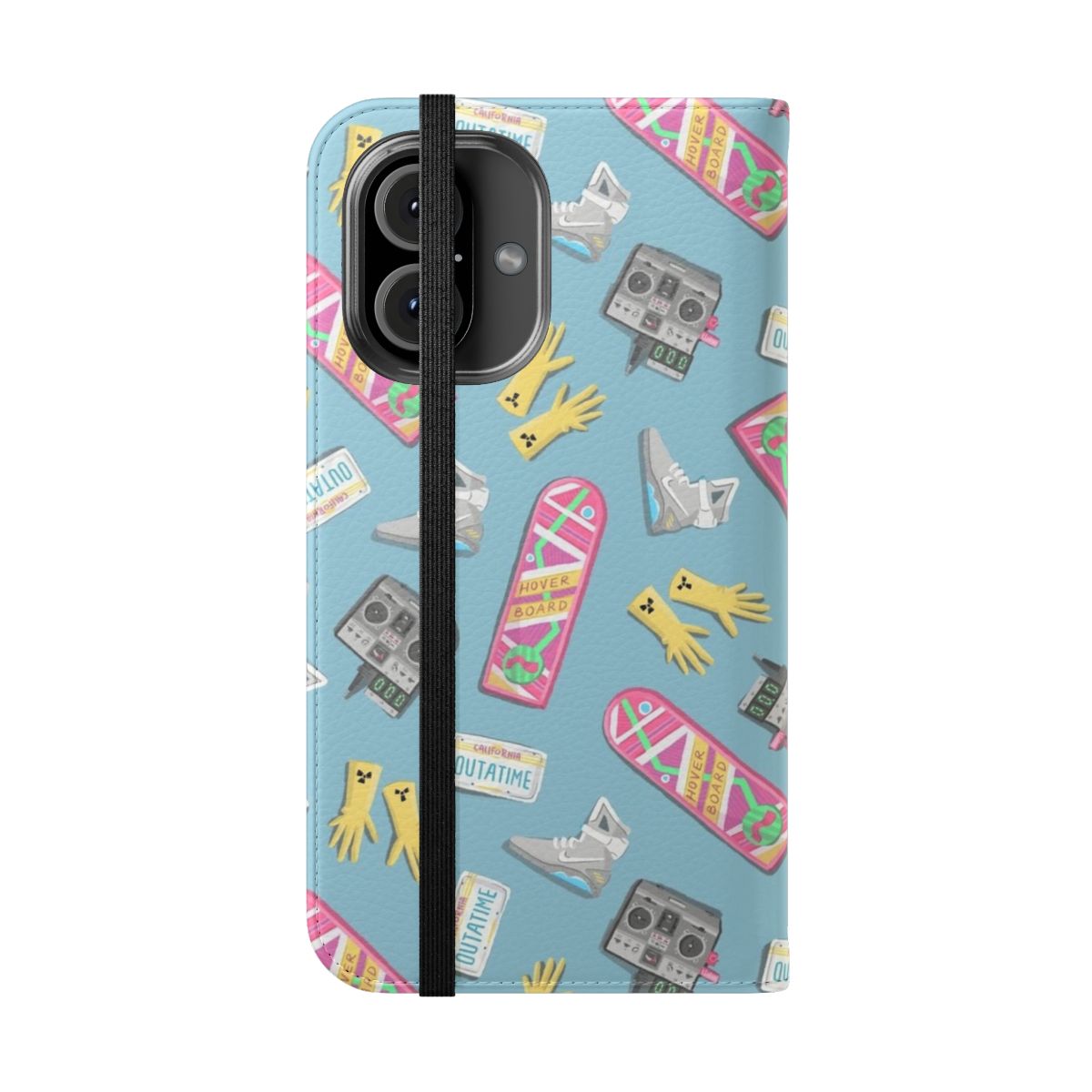 Colorful and whimsical phone case featuring Back to the Future-inspired design with sketches and doodles. - Folded Front