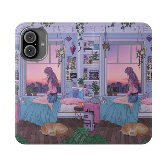 Flip cover phone case with shiba inu and cat design