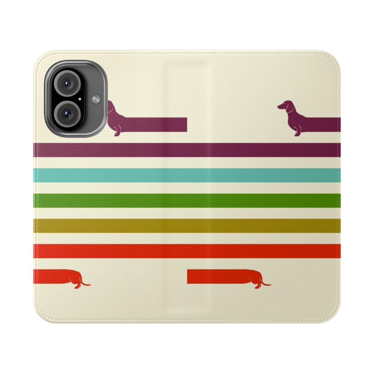 A long dachshund dog printed on a flip cover phone case.