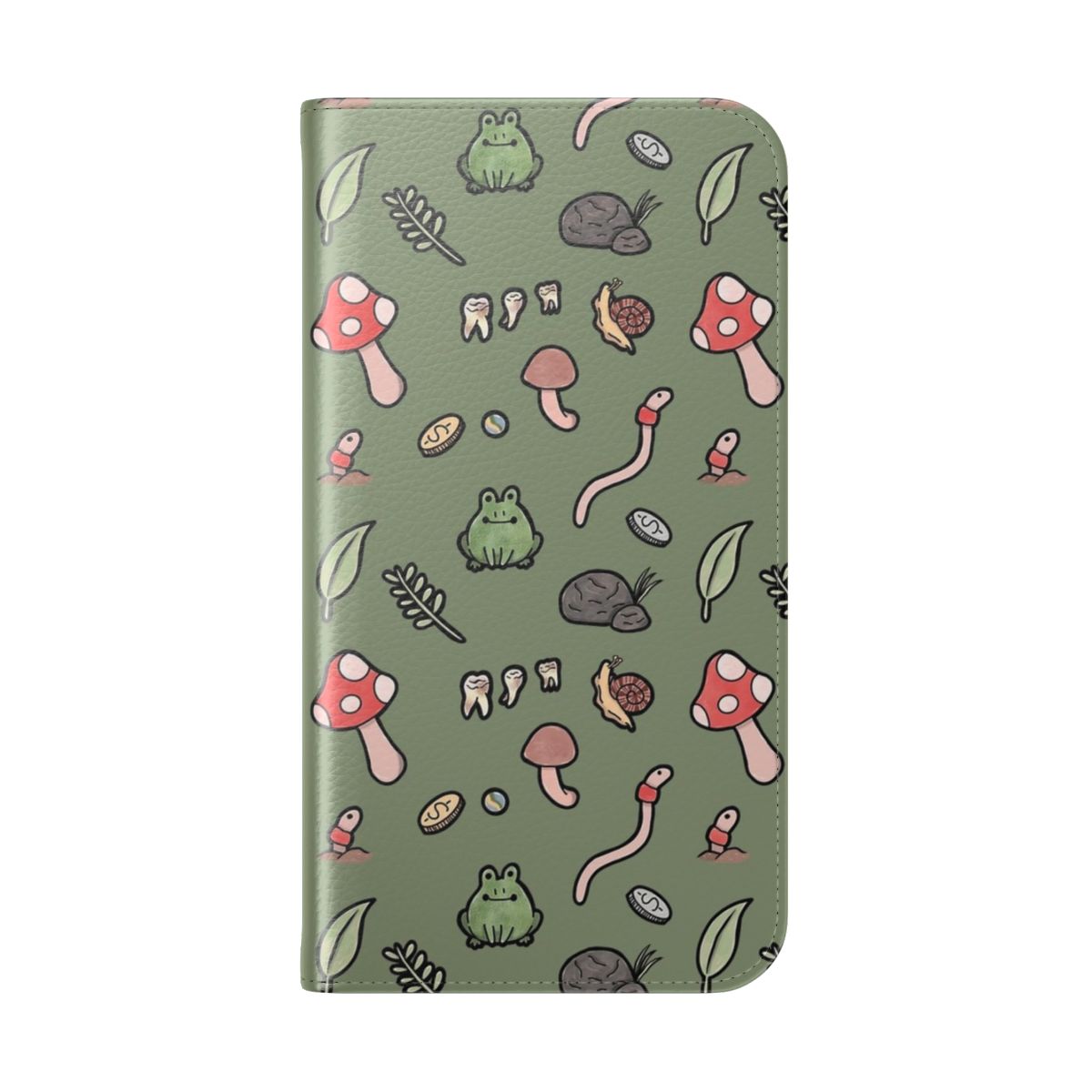 Green phone case with cute goblin, frog, bug, and worm motifs in a whimsical, nature-inspired design. - Folded Back