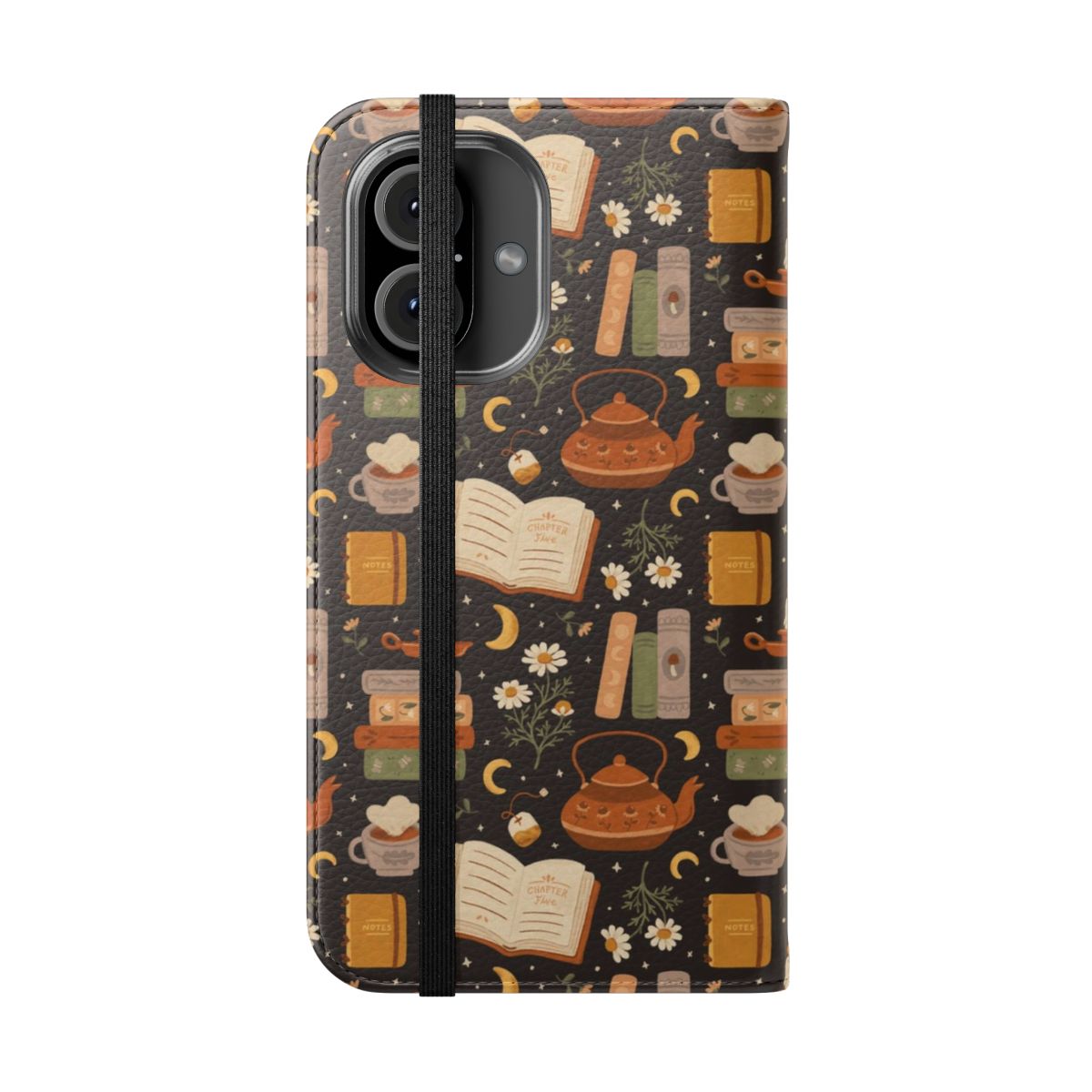 A cozy flip phone case with a dreamy, botanical design featuring books, flowers, and a crescent moon. - Folded Front