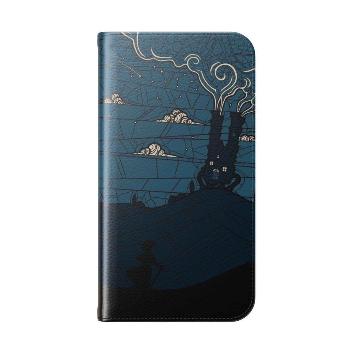 Anime-inspired fantasy phone case featuring a stained glass castle design against a cloudy blue sky - Folded Back