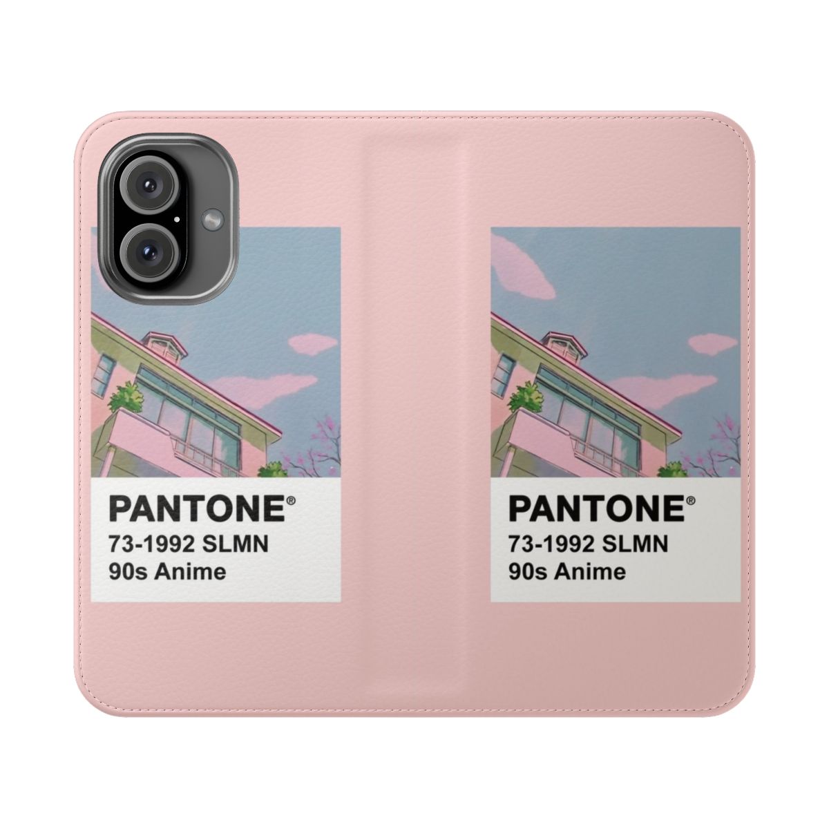 Retro 90s anime-inspired pastel pink and purple phone case with cute kawaii design