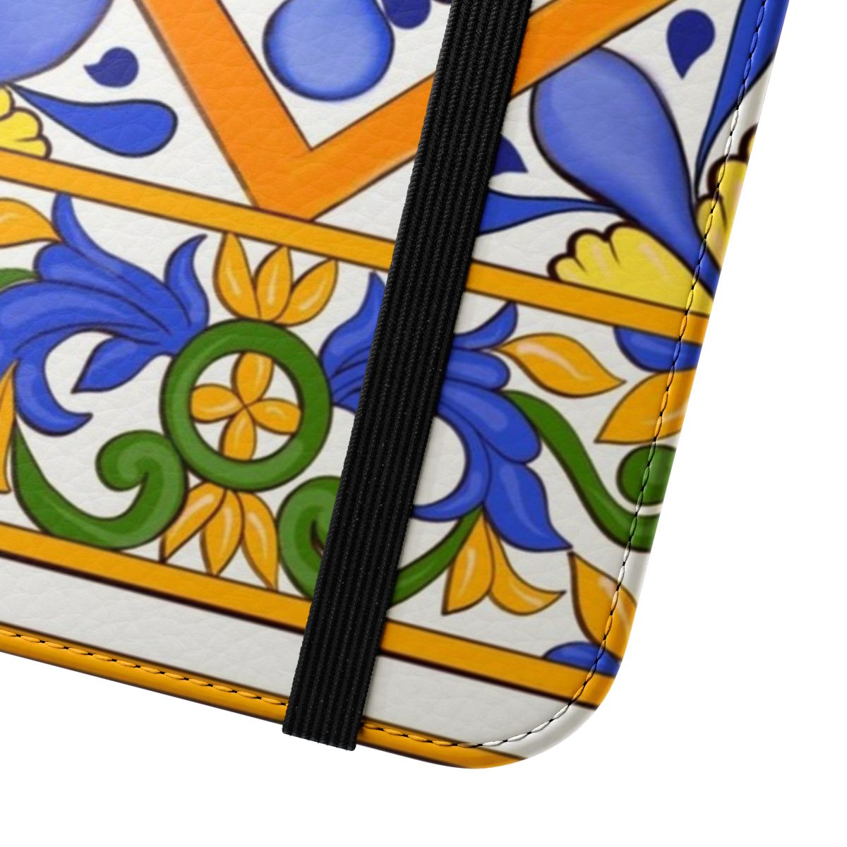 Flip phone case with a colorful pattern featuring lemons, oranges, and majolica tiles, inspired by the Mediterranean coast. - Close Up