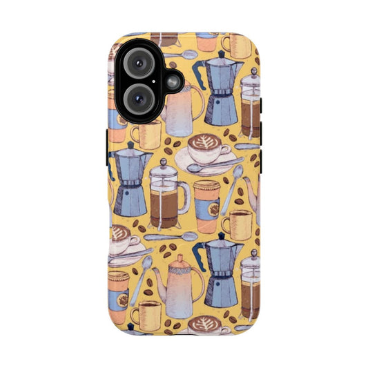 Vibrant yellow and blue phone case with a coffee-themed design by artist Micklyn Le Feuvre