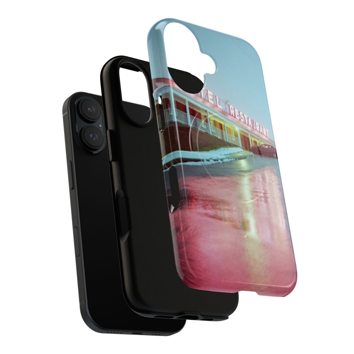 Artistic photography of rainy motel lights and reflections on a magnetic phone case. - Layers