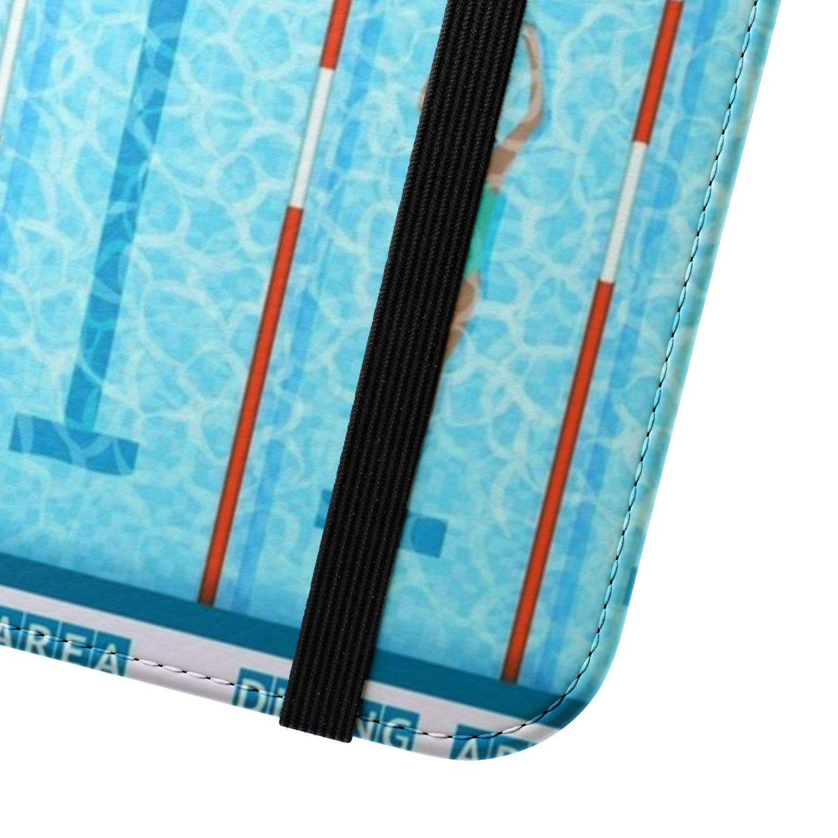 Waterproof phone case with swimming pool, swimmers, and water sports design - Close Up