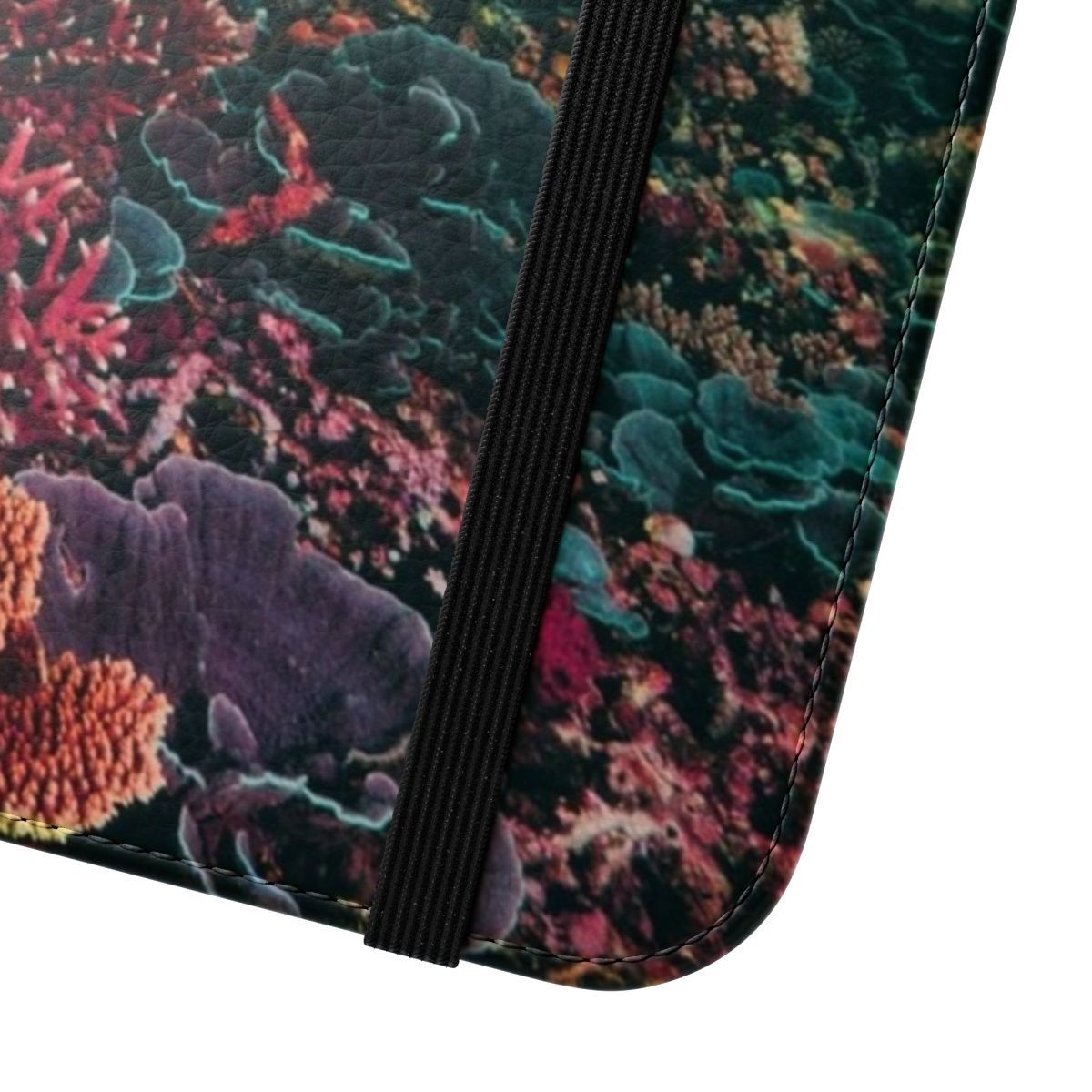 Vibrant abstract phone case featuring a digital collage design with underwater coral, mountains, and a trippy, bohemian aesthetic. - Close Up