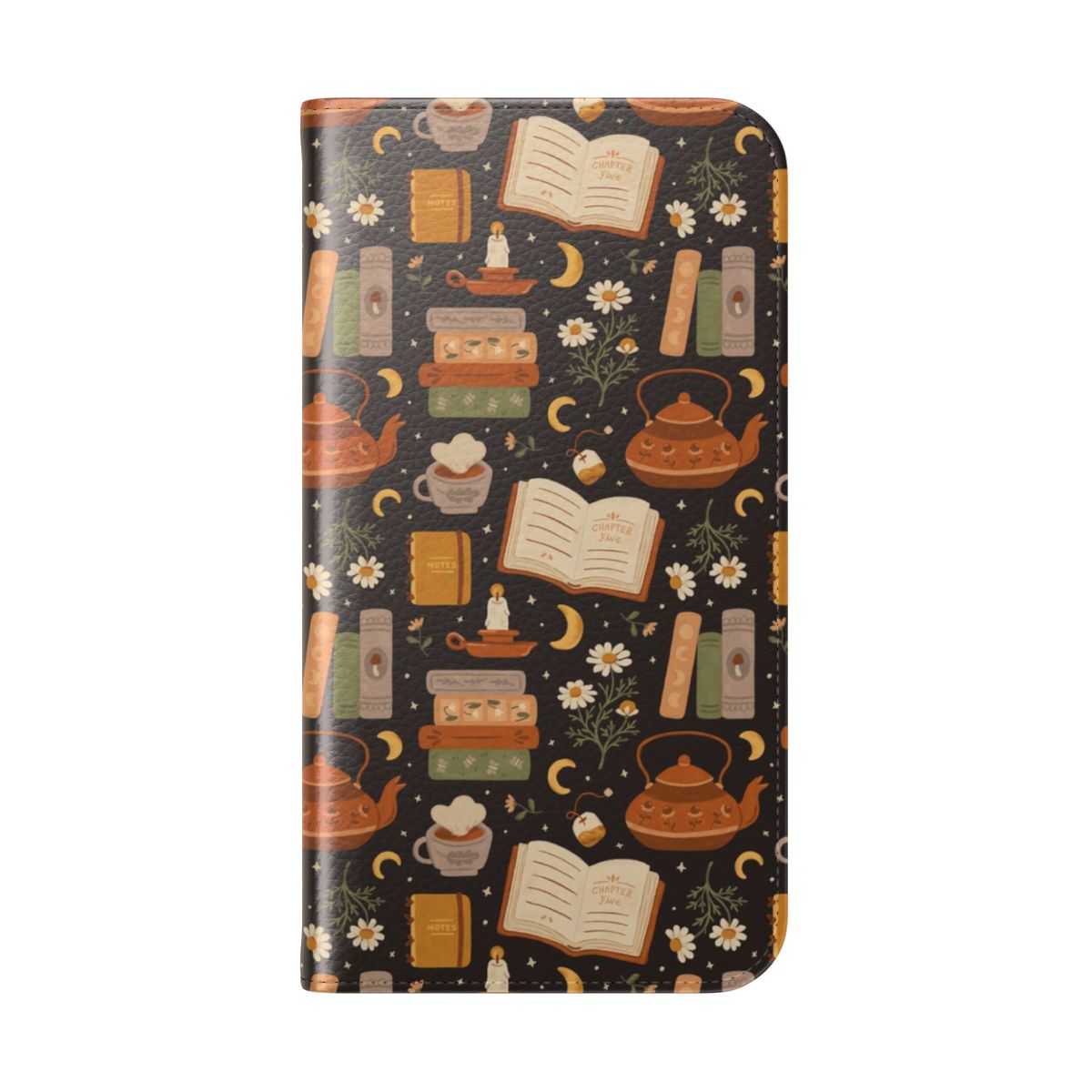 A cozy flip phone case with a dreamy, botanical design featuring books, flowers, and a crescent moon. - Folded Back