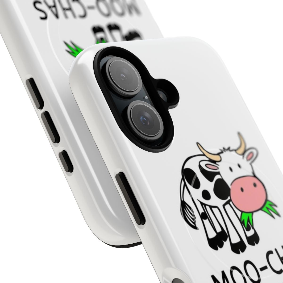 A phone case featuring a cute cartoon cow with the text "Moochas Grassias" in a playful, pun-filled design. - Detail