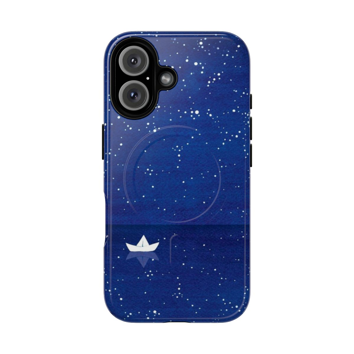 A zen-inspired phone case featuring a watercolor design of a sailboat on the ocean with stars in the sky.