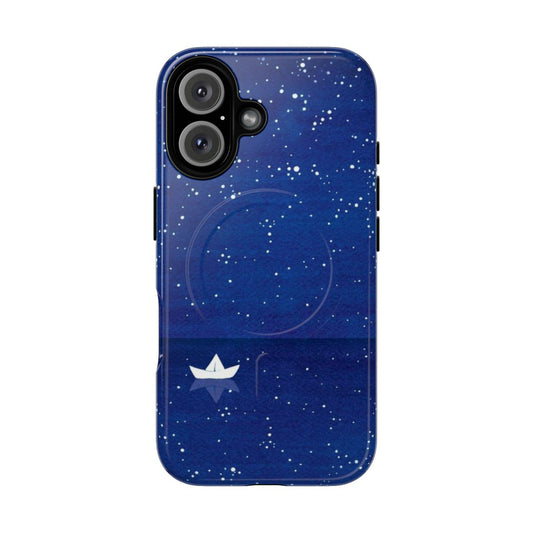 A zen-inspired phone case featuring a watercolor design of a sailboat on the ocean with stars in the sky.