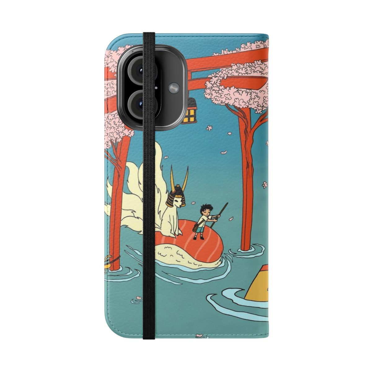 Flip cover phone case featuring anime-inspired design with Japanese scenery elements like Tokyo Tower, cherry blossoms, and kitsune fox. - Folded Front