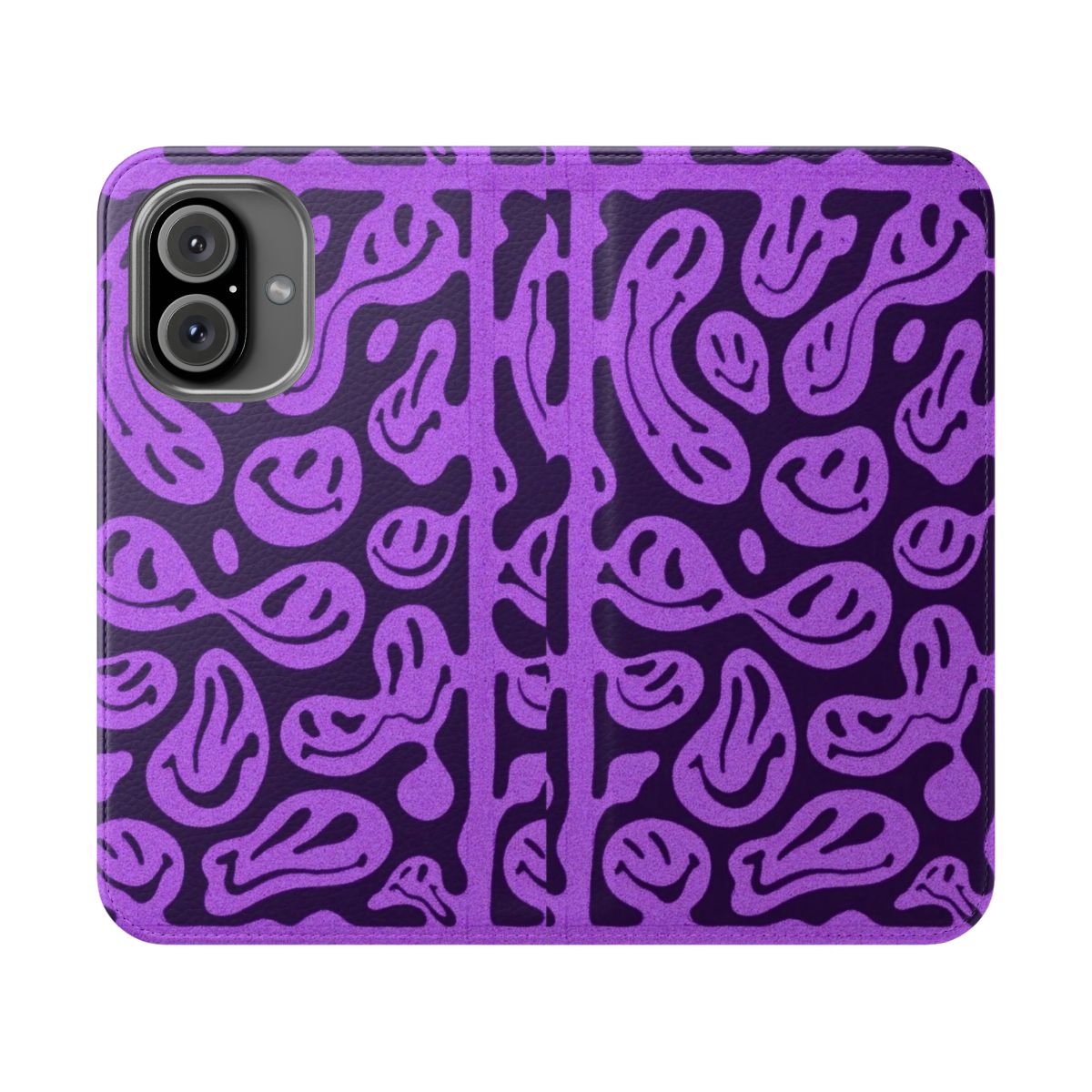 A vibrant, psychedelic-inspired phone case featuring a purple melted smiley face pattern design.