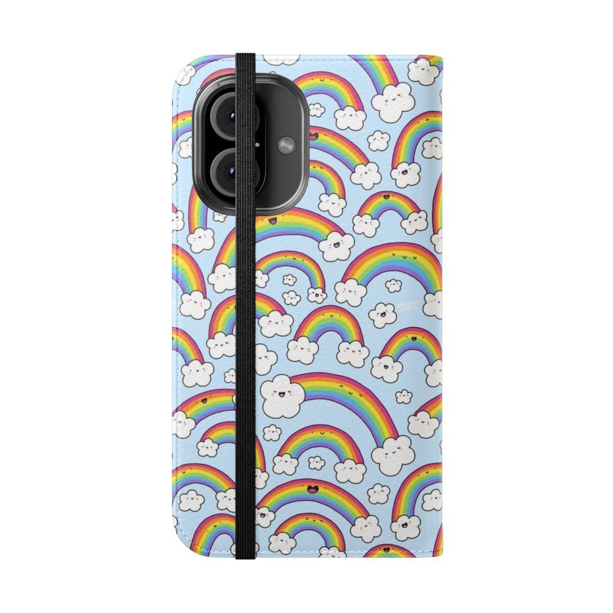 Colorful rainbow-themed phone case cover with doodle clouds and kawaii design - Folded Front