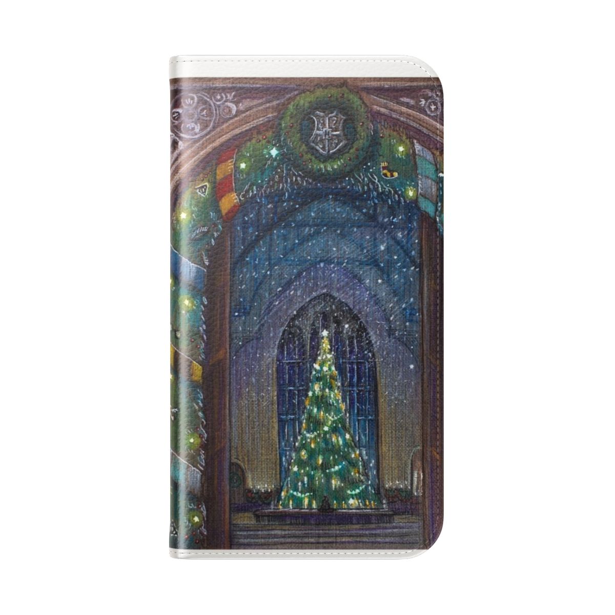 A festive phone case with a flip cover design, featuring enchanting Christmas and Harry Potter-inspired elements. - Folded Back