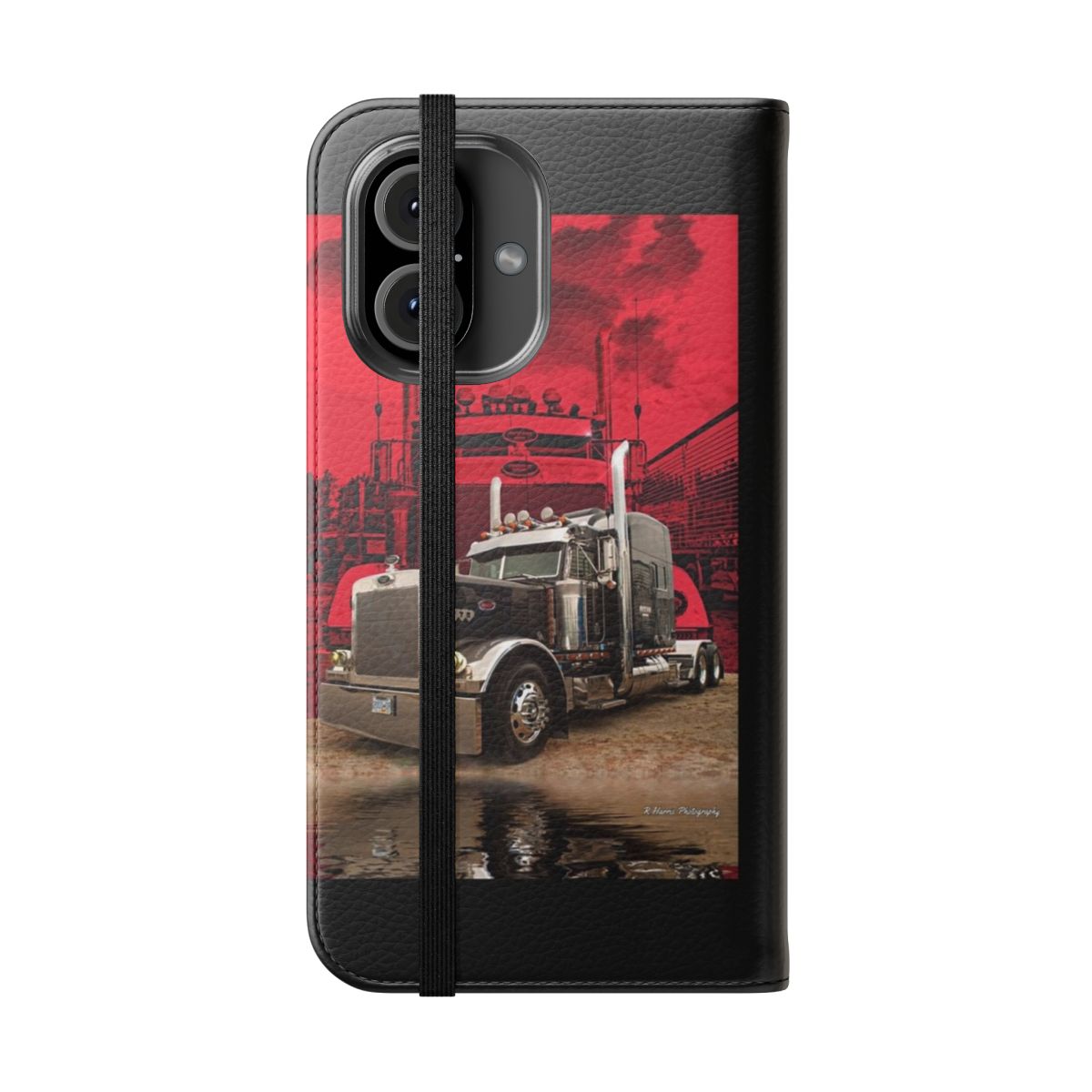 Peterbilt truck flip cover phone case with red truck background - Folded Front