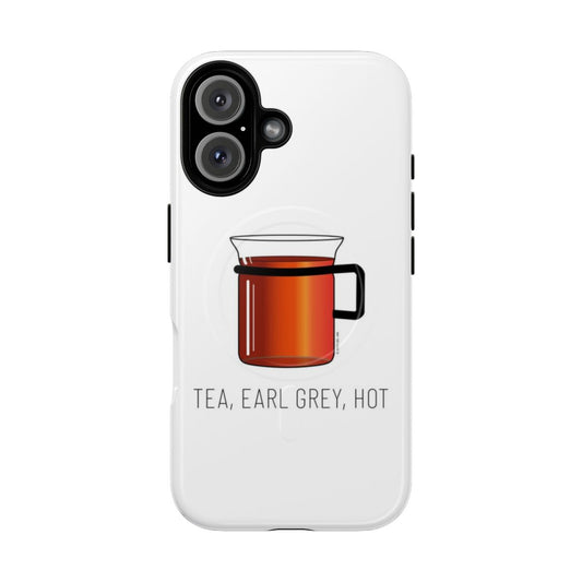 Minimalist phone case inspired by Star Trek: The Next Generation, featuring Captain Picard and his famous request for "Tea, Earl Grey, Hot".